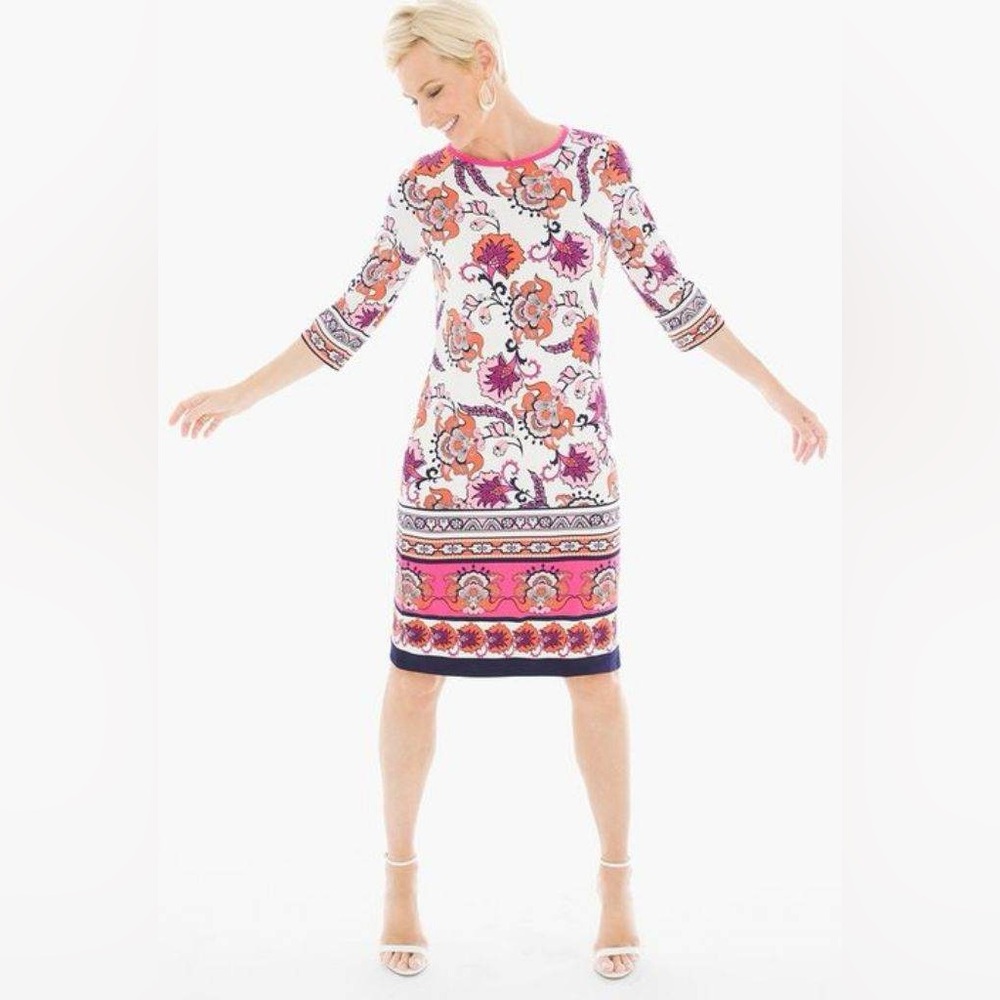 Chico's Jersey Geo Print‎ White & Pink 3/4 Sleeve Knee Length Shift Dress Size 4